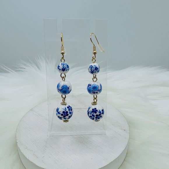 Dangling Vintage Chinese Style Earrings 3 Ceramic Porcelain Beads - Picture 2 of 4